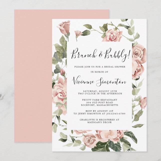 Dusty Pink Rose Blumenbrunch und Bubbly Einladung (Vorne/Hinten)
