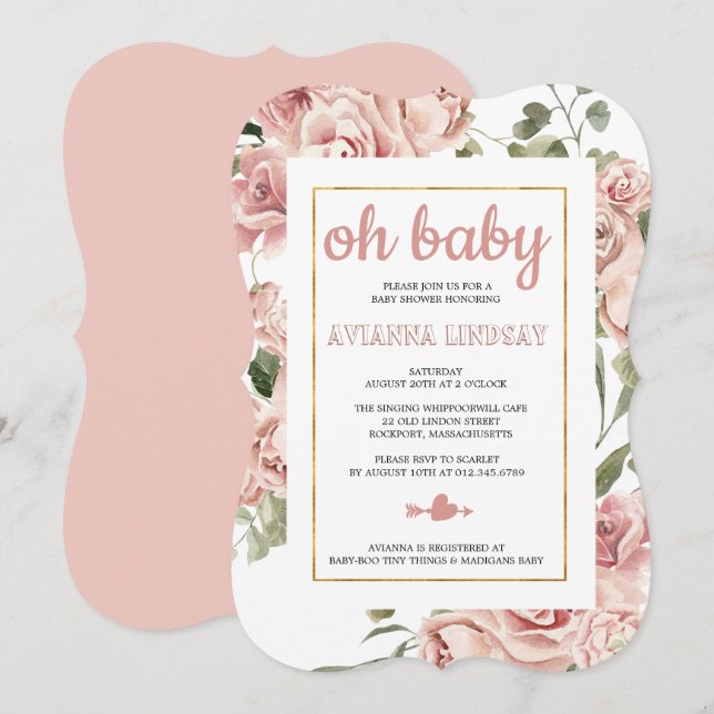 Dusty Pink Rose Botanical Baby Dusche Einladung (Vorne/Hinten)