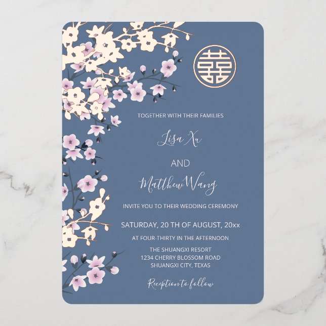 Dusty Pink Rose Chinesische Hochzeit Folieneinladung (Vorderseite)