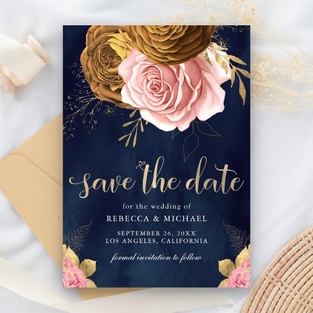 Dusty Pink Rose Earthy Floral Navy Hochzeit Save The Date (Von Creator hochgeladen)