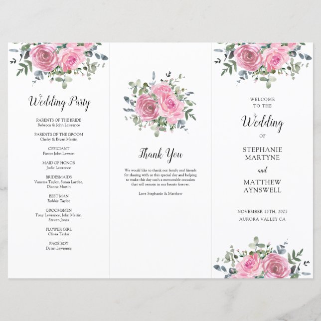 Dusty Pink Rose Eukalyptus Order of Service (Vorderseite)