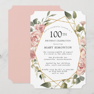 Dusty Pink Rose Floral 100. Geburtstagsparty Einladung