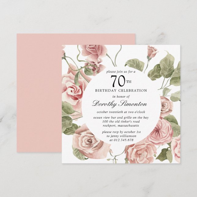 Dusty Pink Rose Floral 70. Geburtstag Einladung (Vorne/Hinten)