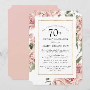 Dusty Pink Rose Floral 70 Gold Geburtstagsparty Einladung