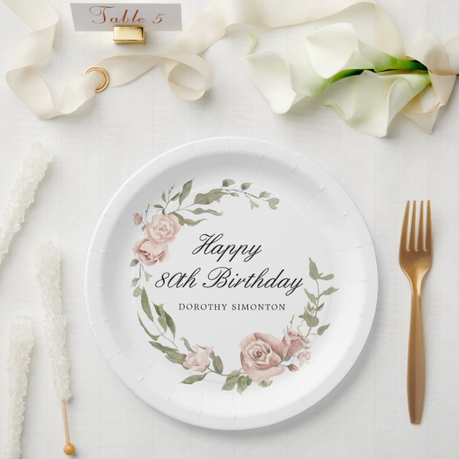 Dusty Pink Rose Floral 80. Geburtstag Pappteller (Hochzeit)