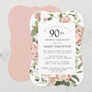 Dusty Pink Rose Floral 90. Geburtstagsparty Einladung