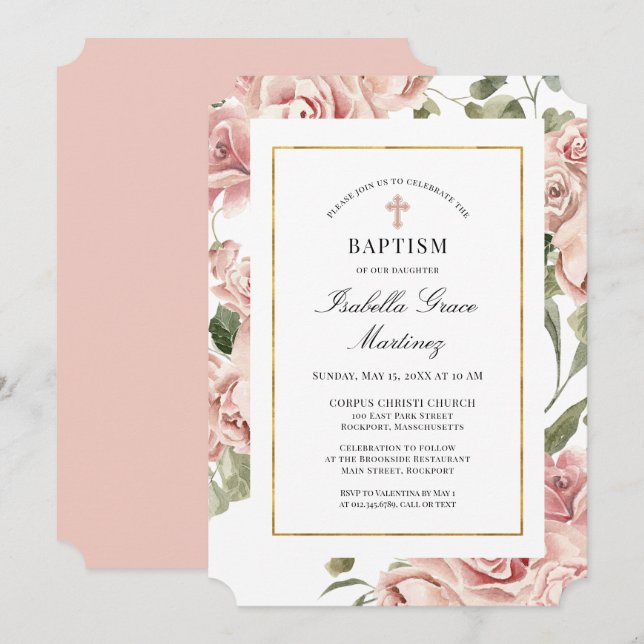 Dusty Pink Rose Floral Elegante Taufe Einladung (Vorne/Hinten)