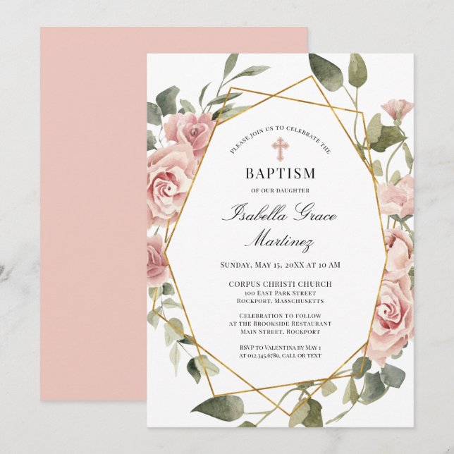 Dusty Pink Rose Floral Elegante Taufe Einladung (Vorne/Hinten)