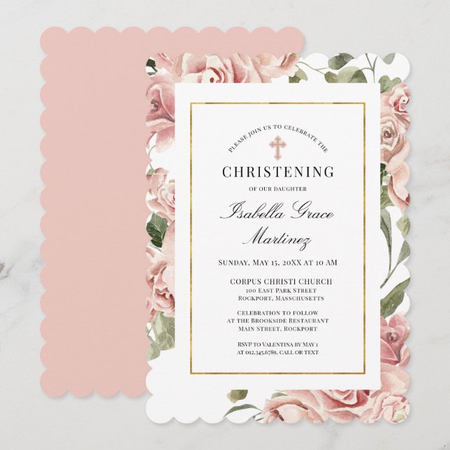 Dusty Pink Rose Floral Elegantes Christening Einladung (Vorne/Hinten)