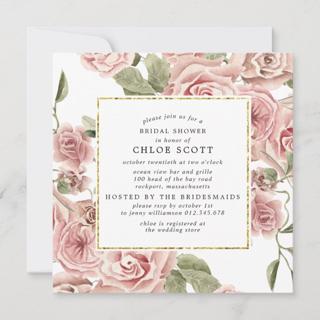 Dusty Pink Rose Floral Gold Brautparty Einladung (Vorderseite)