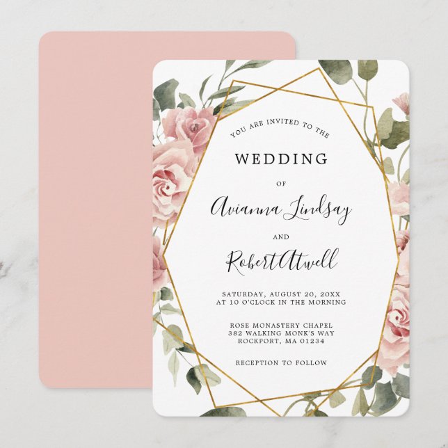 Dusty Pink Rose Floral Gold Geometric Wedding Invi Einladung (Vorne/Hinten)