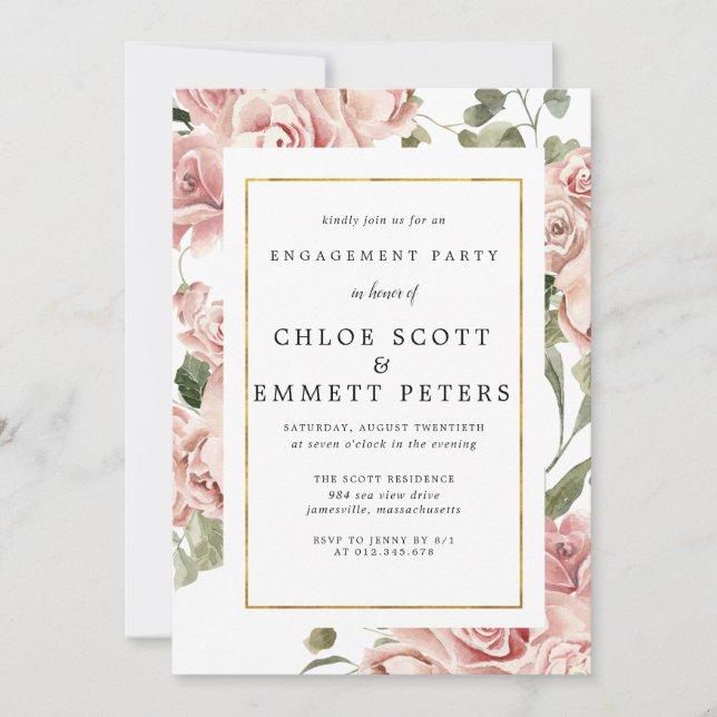 Dusty Pink Rose Floral Gold Partner Einladung (Vorderseite)