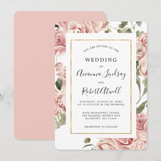 Dusty Pink Rose Floral Gold Rahmen Hochzeit Einladung (Vorne/Hinten)