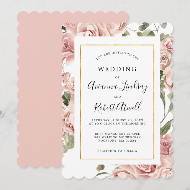 Dusty Pink Rose Floral Gold Rahmen Wedding Invitat Einladung (Vorne/Hinten)