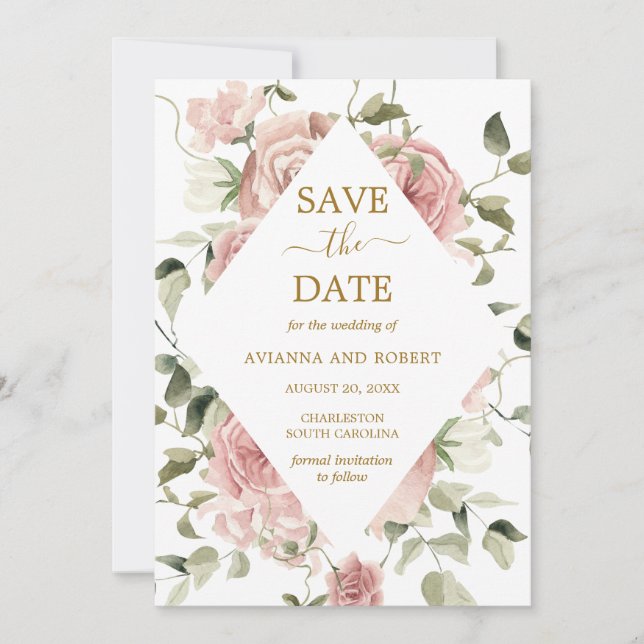 Dusty Pink Rose Floral Gold Save the Date (Vorderseite)