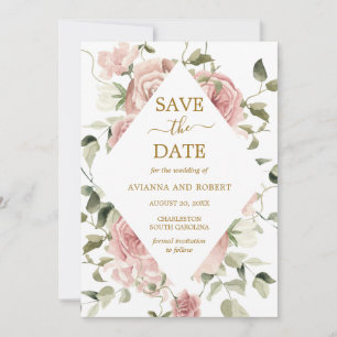 Dusty Pink Rose Floral Gold Save the Date