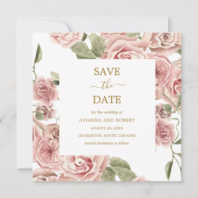 Dusty Pink Rose Floral Gold Save the Date (Vorderseite)