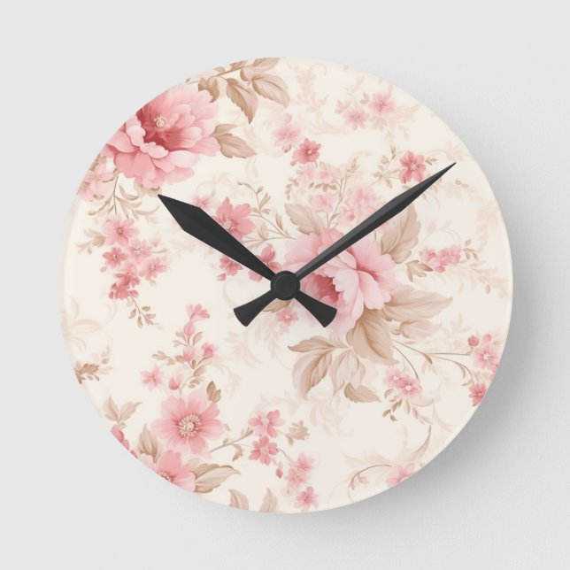 Dusty Pink Rose Floral Runde Wanduhr (Vorderseite)
