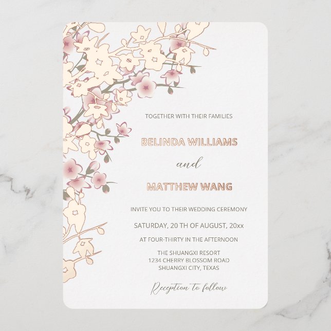 Dusty Pink Rose Gold Cherry Blossom Hochzeit Folieneinladung (Vorderseite)