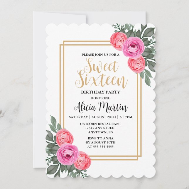 Dusty Pink Rose Greenery Botanical Gold Sweet 16 Einladung (Vorderseite)
