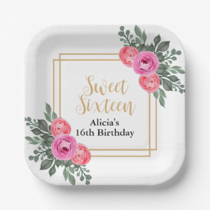 Dusty Pink Rose Greenery Botanical Gold Sweet 16 Pappteller