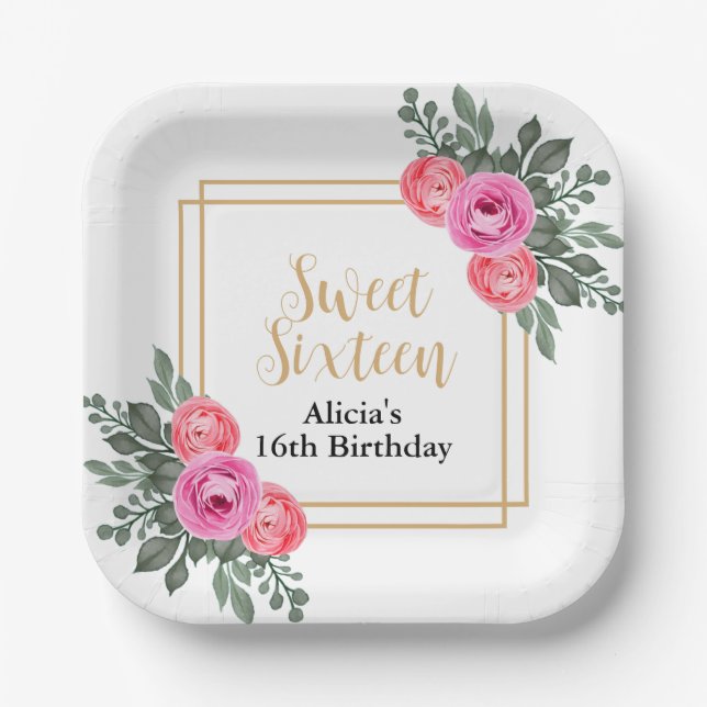 Dusty Pink Rose Greenery Botanical Gold Sweet 16 Pappteller (Vorderseite)