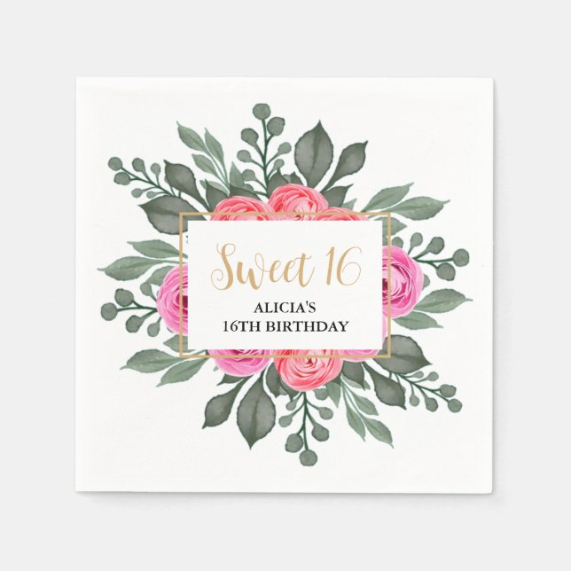 Dusty Pink Rose Grüne Flora Sweet 16 Serviette (Vorderseite)