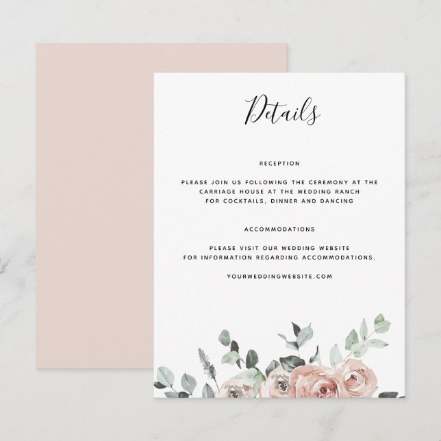 Dusty Pink Rose Hochzeitdetails Begleitkarte (Vorne/Hinten)
