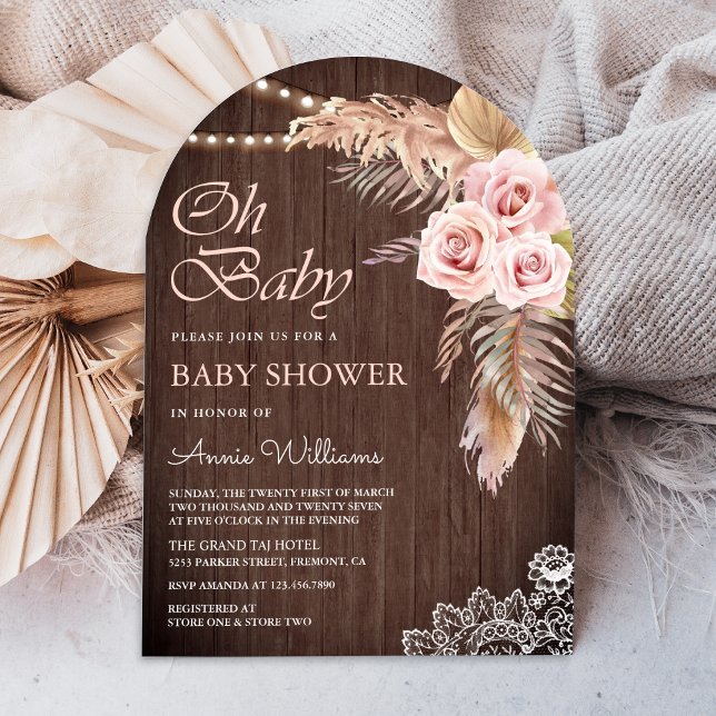 Dusty Pink Rose Pampas Grass Wood Arch Baby Dusche Einladung (Von Creator hochgeladen)