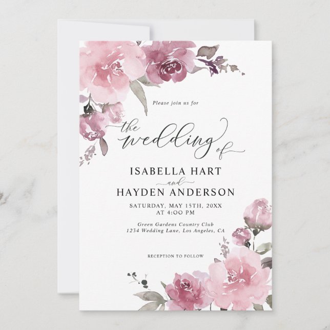 Dusty Pink Rose Pastel Floral Mauve Blume Hochzeit Einladung (Vorderseite)
