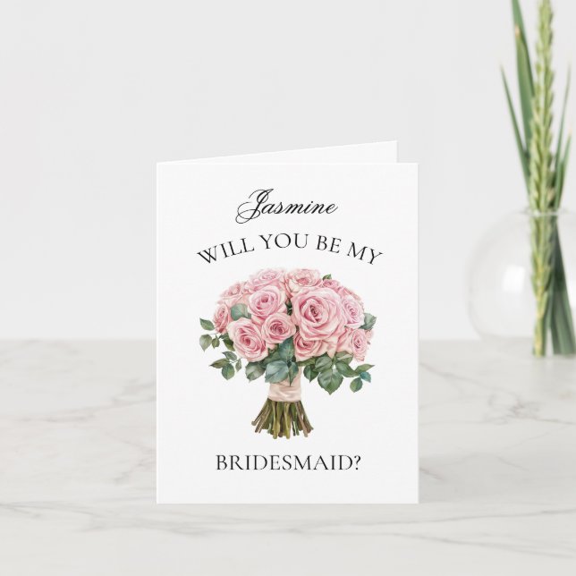 Dusty Pink Roses Bouquet Bridesmaid Vorschlag Einladung (Vorderseite)