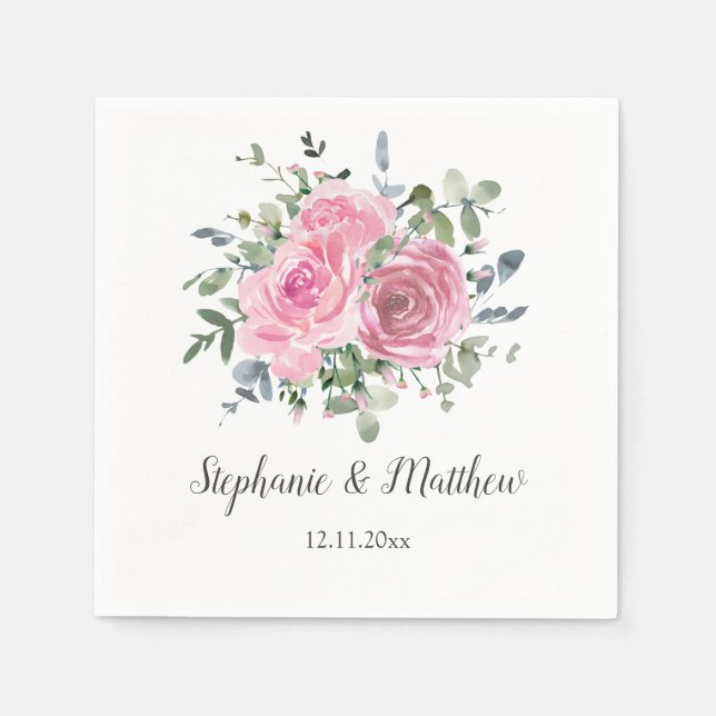 Dusty Pink Roses Eukalyptus Botanische Hochzeit Serviette (Vorderseite)