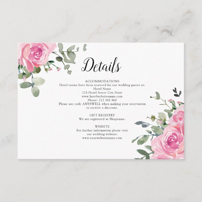 Dusty Pink Roses Eukalyptus Wedding Details Begleitkarte (Vorderseite)