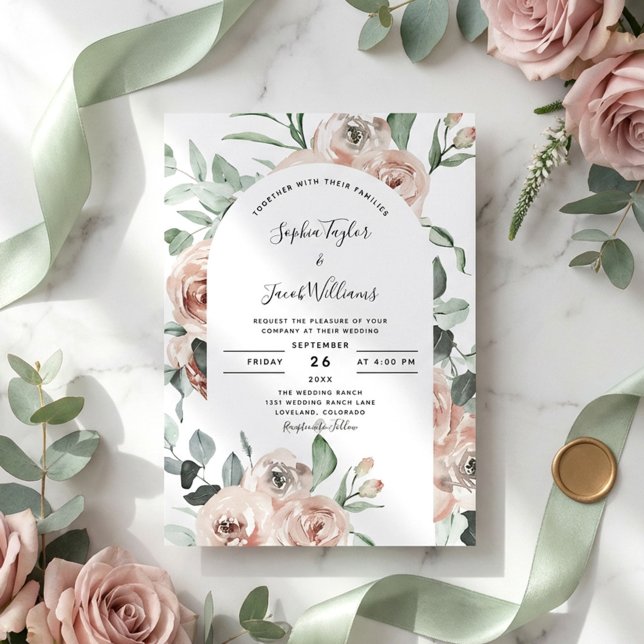 Dusty Pink Roses Floral Eukalyptus Wedding Einladung (Von Creator hochgeladen)