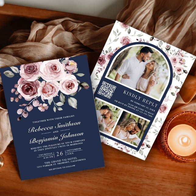 Dusty Pink Roses Foto Navy Blue QR Code Hochzeit Einladung (Von Creator hochgeladen)