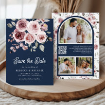 Dusty Pink Roses Foto QR Code Navy Blue Wedding