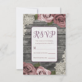 Dusty Pink Roses Gray Rustic Wood Lace Wedding RSVP Karte