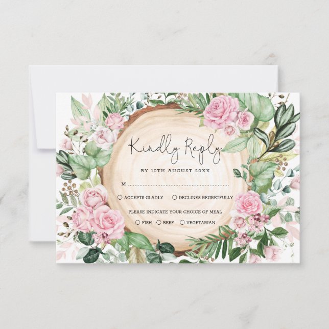 Dusty Pink Roses Greenery Forest Wedding RSVP Card Karte (Vorderseite)