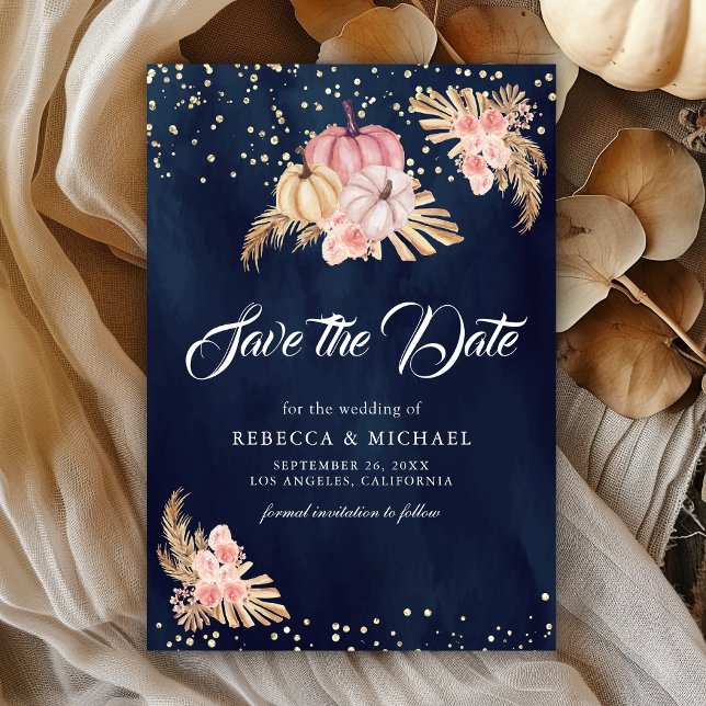 Dusty Pink Roses Pumpkin Pampas Navy Hochzeit Save The Date (Von Creator hochgeladen)