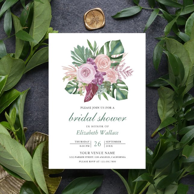 Dusty Pink Roses Tropical Monstera Bridal Shower Einladung (Von Creator hochgeladen)