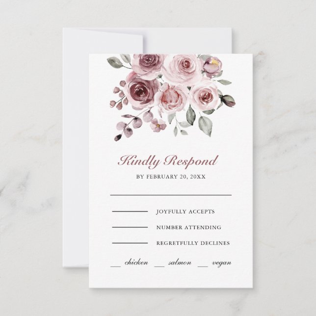 Dusty Pink Roses Wedding RSVP Karte (Vorderseite)