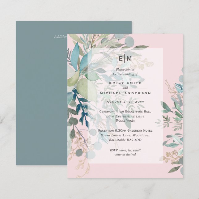 Dusty Pink Sage Hochzeit Zeremonie und Empfang Inv (Vorne/Hinten)