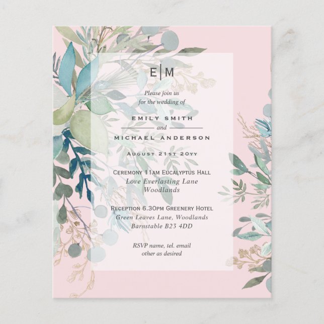 Dusty Pink Sage Hochzeit Zeremonie und Empfang Inv Flyer (Vorne)