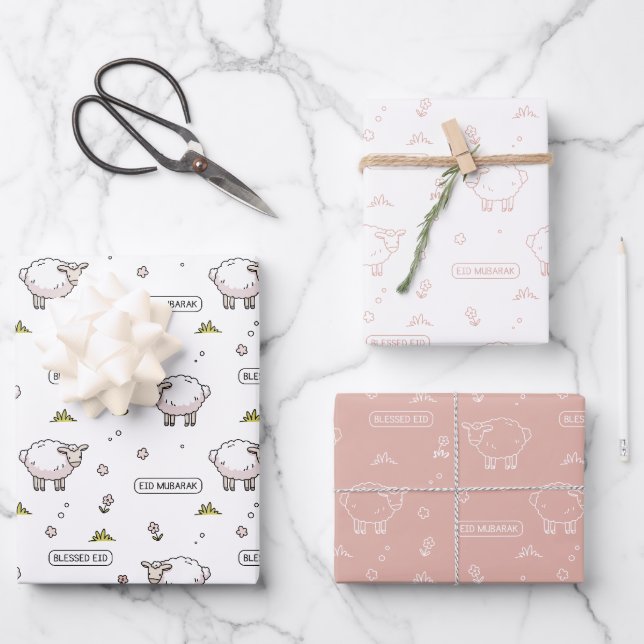 Dusty Pink Sheep Eid Mubarak Kinder Geschenkpapier Set (Vorderseite)