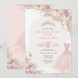 Dusty Pink Silver Boho Blume Quinceañera Kleid Einladung
