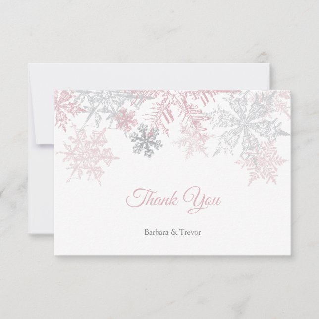 Dusty Pink & Silver Snowflakes Winterhochzeit Dankeskarte (Vorderseite)