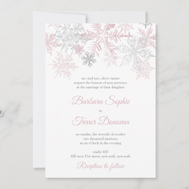Dusty Pink & Silver Snowflakes Winterhochzeit Einladung (Vorderseite)