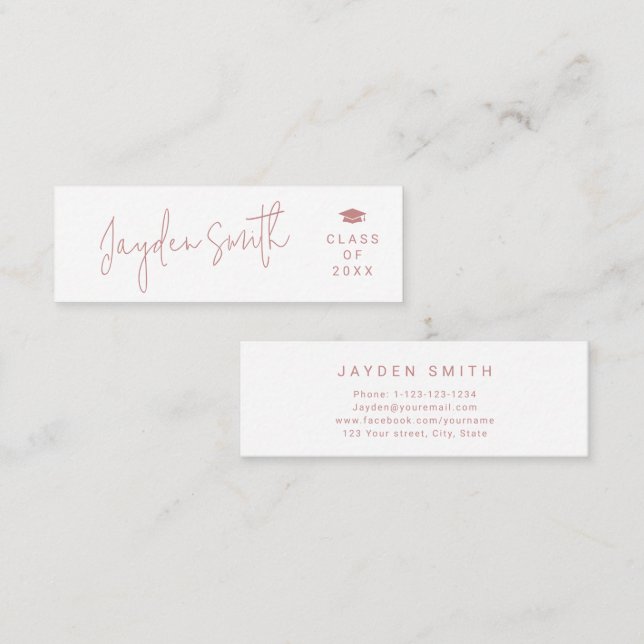 Dusty Pink Simple Modern Script Graduate Name Card Telefonnummerkarte (Vorne/Hinten)