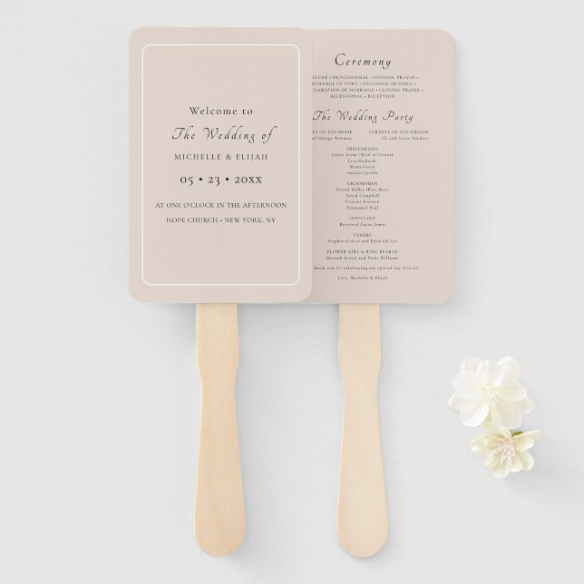 Dusty Pink Square Wedding Program Fans Fächer (Vorne und Hinten)