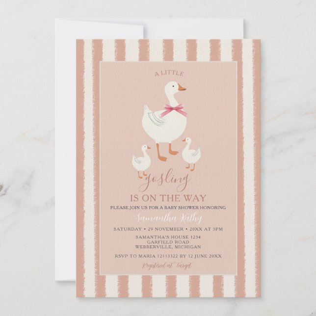 Dusty Pink Striped Niedlich Little Gosling Baby Du Einladung (Vorderseite)